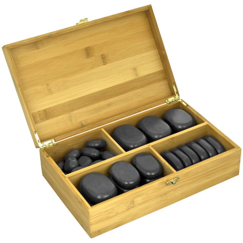 Набор массажных камней из базальта в коробке из бамбука (36 шт.) НК-1Б